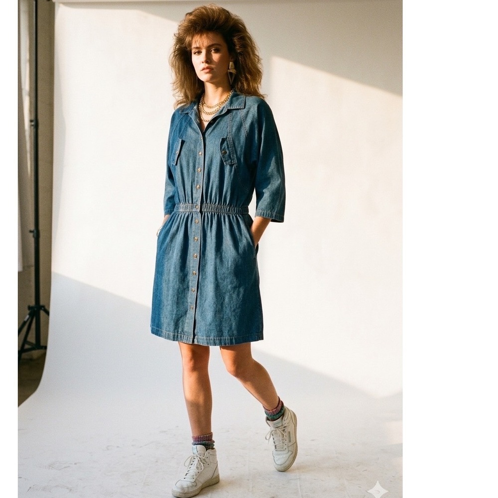 Vintage Denim Mini Dress Blue Button Front Elastic Waist Dolman Sleeve